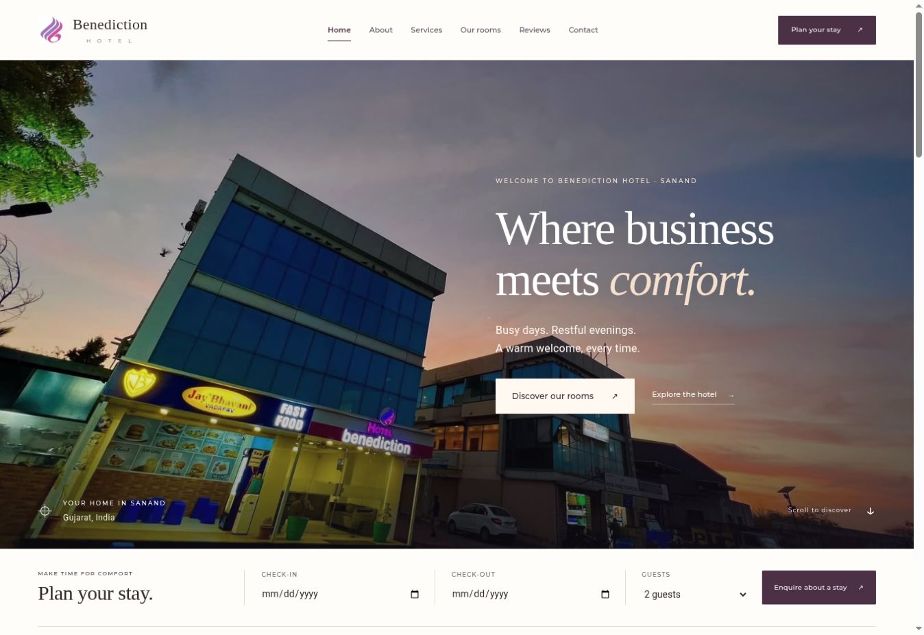 Benediction Hotel website homepage