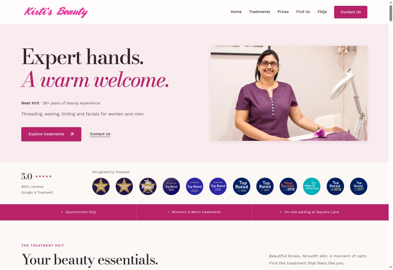 Kirti’s Beauty website homepage